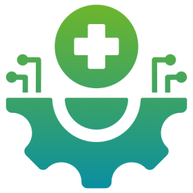 Green gear with medical cross and circuits.